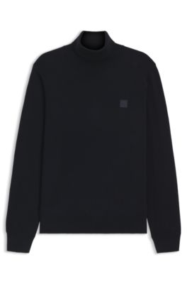 Turtleneck sweater in cotton and cashmere with logo patch, Dark Blue