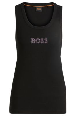 Hugo Boss Ribbed Stretch-cotton Tank Top With Crystal Logo Badge In Black