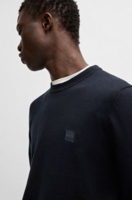 Pull en maille de coton et de cachemire avec &eacute;tiquette logo, Bleu fonc&eacute;