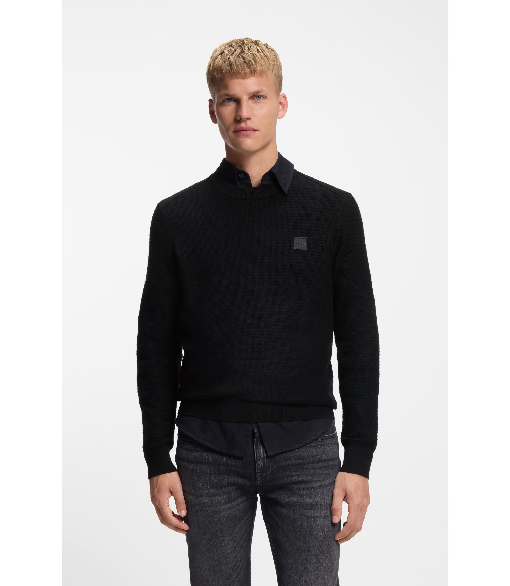 BOSS - Cotton-cashmere sweater with logo patch - Black