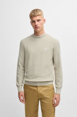 Jersey de algod&oacute;n y cashmere con estructura y parche de logo, Beige claro