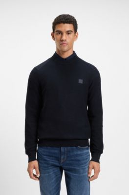 Pull structur&eacute; en coton et cachemire avec patch logot&eacute;, Bleu fonc&eacute;
