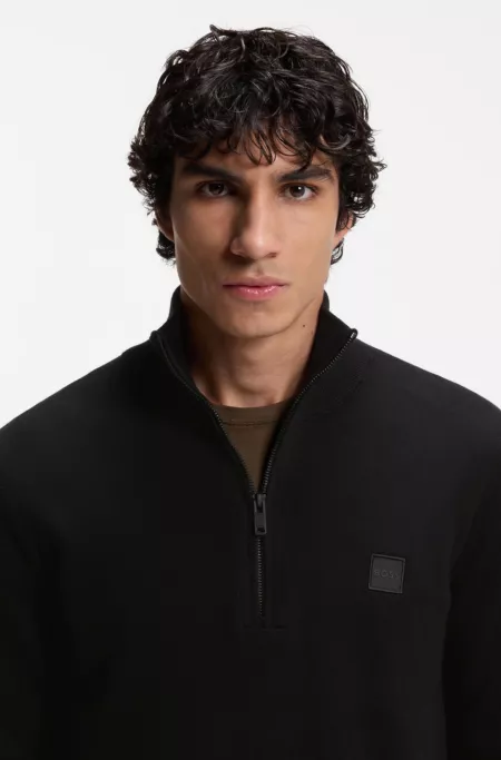 Cotton-cashmere zip-neck sweater with logo patch