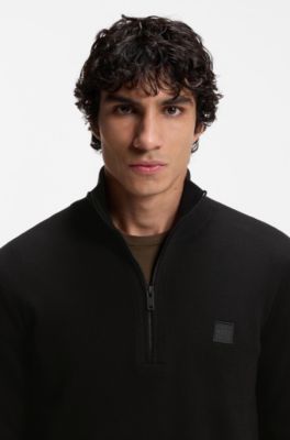 Cotton-cashmere zip-neck sweater with logo patch, Black