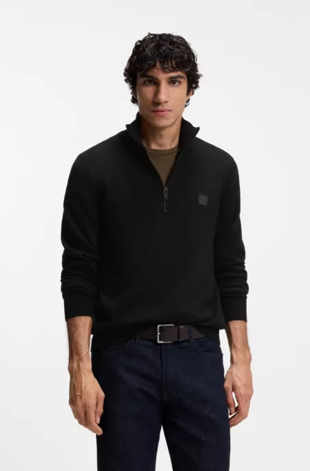 Cotton-cashmere zip-neck sweater with logo patch
