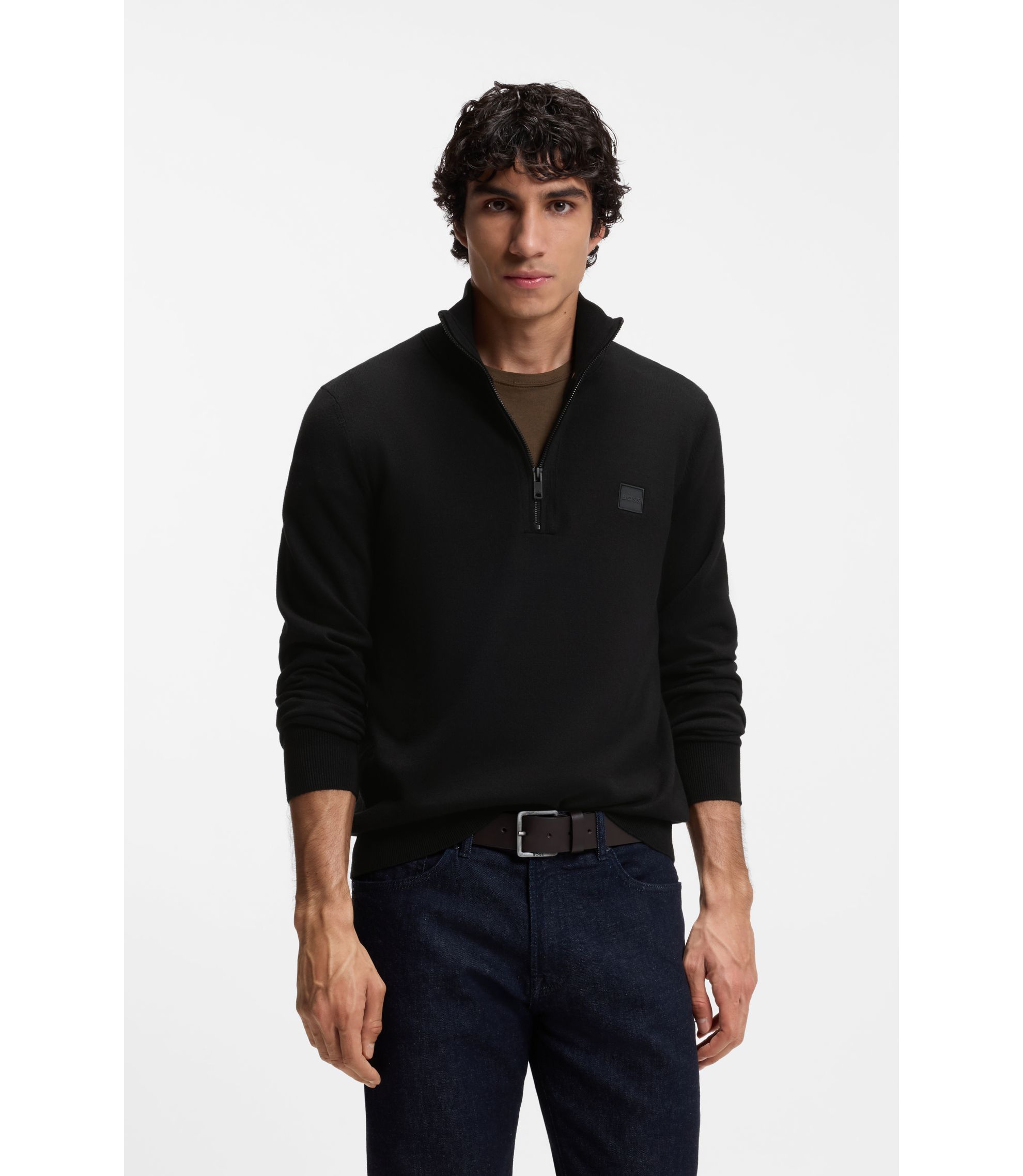 BOSS - Cotton-cashmere sweater with zipper collar - Black