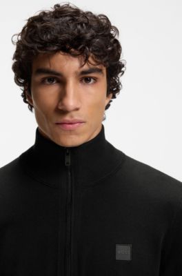 Cotton-cashmere zip-neck sweater with logo patch, Dark Blue
