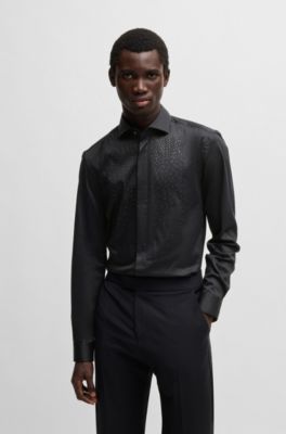Slim-fit evening shirt with embellished bib, Black
