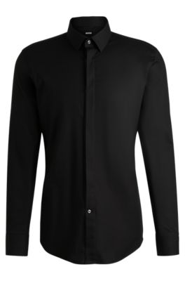 Camisa slim fit en popel&iacute;n de algod&oacute;n el&aacute;stico de planchado f&aacute;cil, Negro
