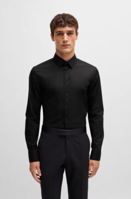 Camisa slim fit en popel&iacute;n de algod&oacute;n el&aacute;stico de planchado f&aacute;cil, Negro