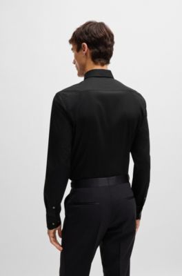 Camisa slim fit en popel&iacute;n de algod&oacute;n el&aacute;stico de planchado f&aacute;cil, Negro