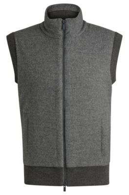 Hugo Boss Regular-fit Gilet With Brushed-flannel Front In Grey
