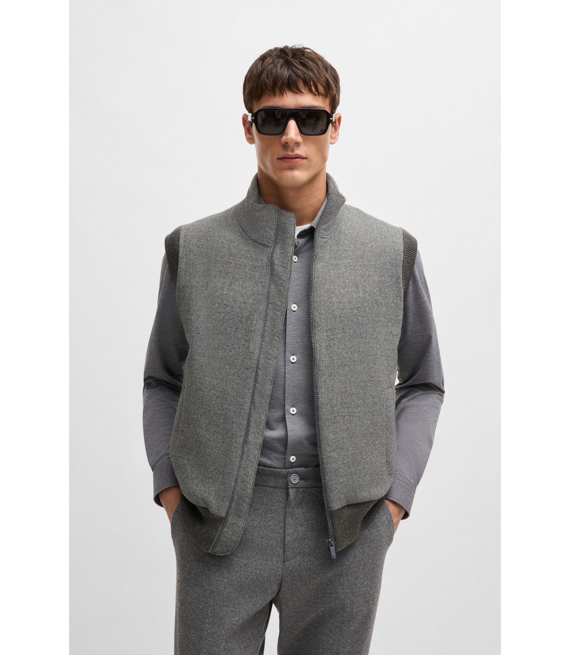BOSS - Regular-fit gilet with brushed-flannel front - Grey
