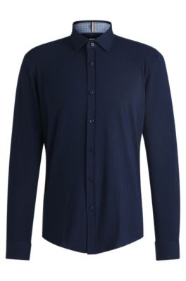 Camisa slim fit en punto de algod&oacute;n el&aacute;stico, Azul oscuro