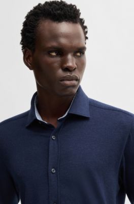 Camisa slim fit en punto de algod&oacute;n el&aacute;stico, Azul oscuro