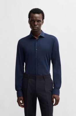 Camisa slim fit en punto de algod&oacute;n el&aacute;stico, Azul oscuro