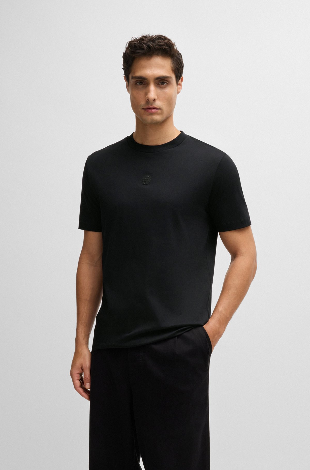 BOSS - Mercerized-cotton T-shirt with Double B monogram - Black BOSS - Mercerized-cotton T-shirt with Double B monogram - Black