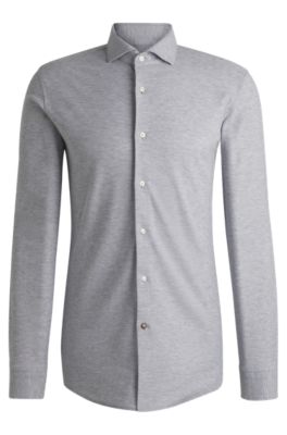 Slim-fit shirt in cotton-piqu&eacute; jersey, Light Grey