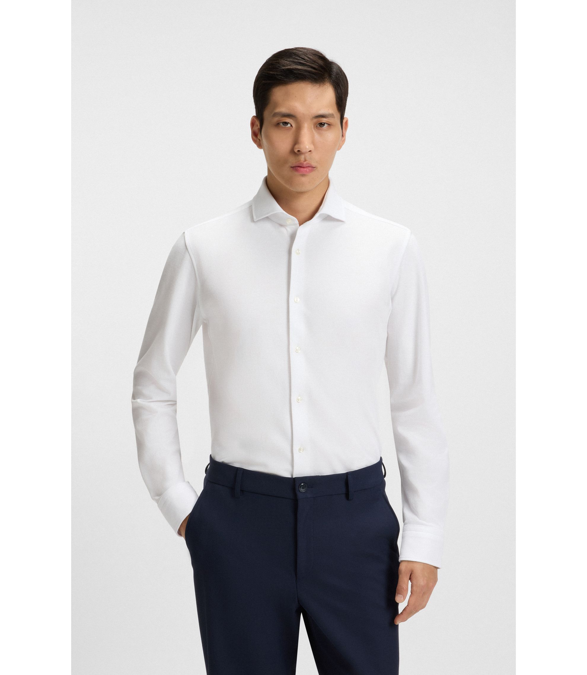 BOSS - Slim-fit shirt in cotton-piqué jersey - White