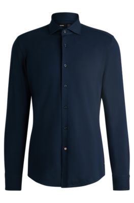 Chemise Slim en jersey piqu&eacute; de coton, Bleu fonc&eacute;
