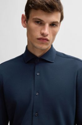 Chemise Slim en jersey piqu&eacute; de coton, Bleu fonc&eacute;