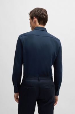 Chemise Slim en jersey piqu&eacute; de coton, Bleu fonc&eacute;