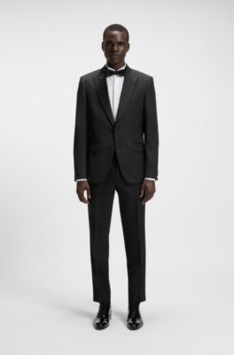Slim-fit tuxedo trousers in wool with silk trims, Black