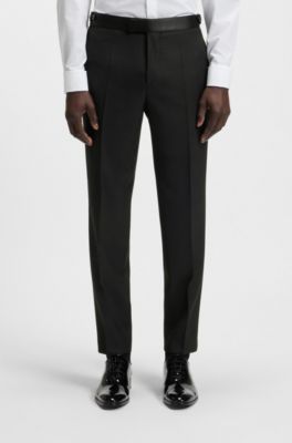 Slim-fit tuxedo trousers in wool with silk trims, Black