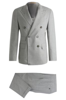 Hugo Boss Slim-fit Double-breasted Suit In Checked Wool In Light Grey