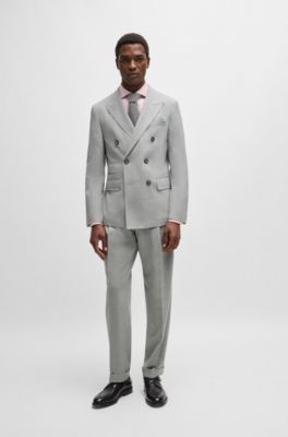 Slim-fit double-breasted suit in checked wool, Light Grey