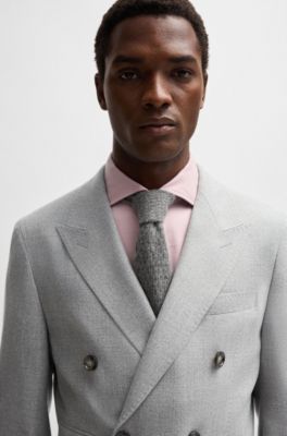Slim-fit double-breasted suit in checked wool, Light Grey