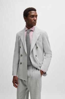 Slim-fit double-breasted suit in checked wool, Light Grey