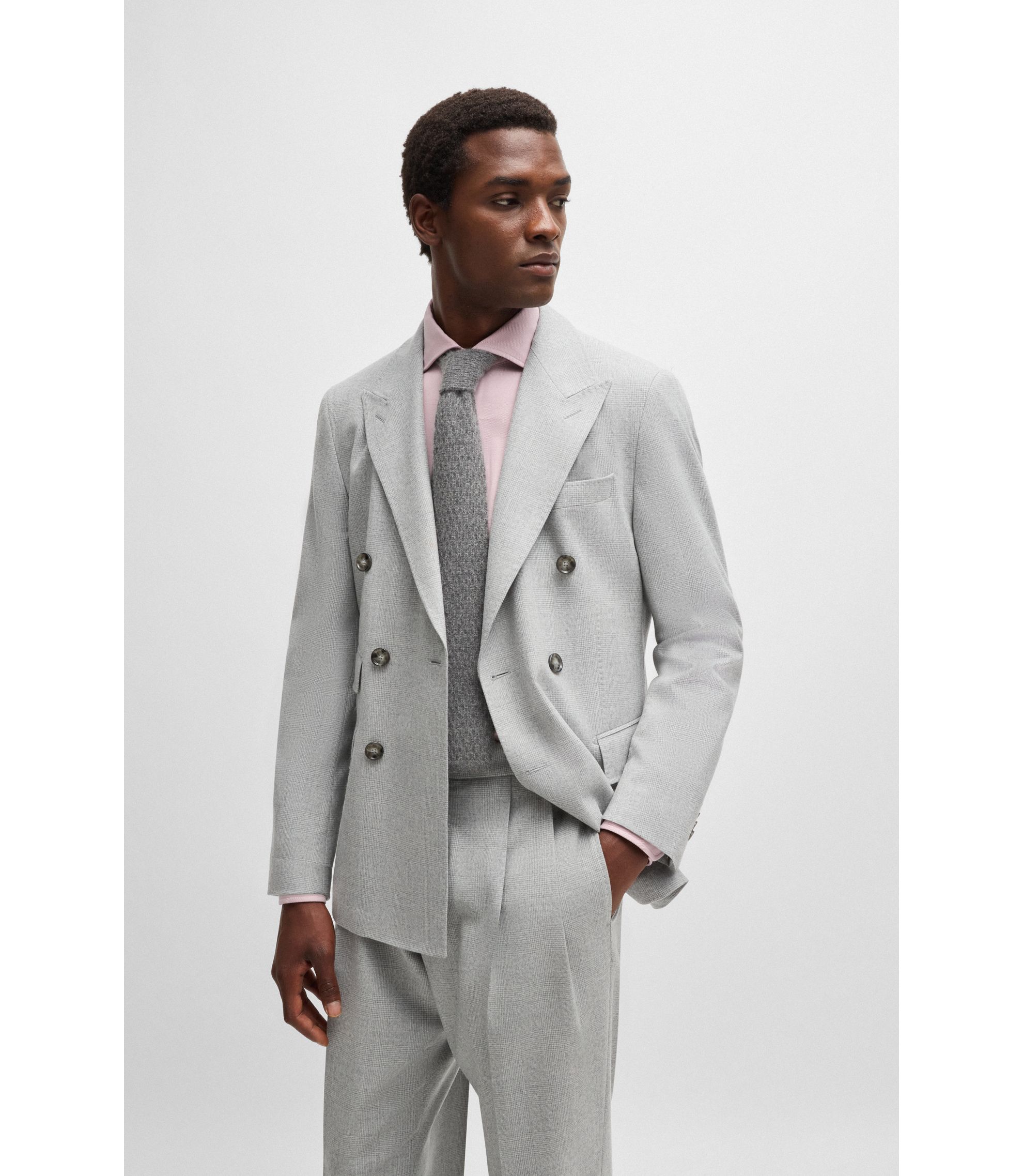 BOSS - Slim-fit double-breasted suit in checked wool - Light Grey