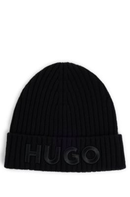 Wool beanie hat with logo detail, Black
