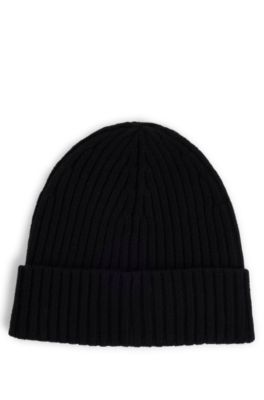 Wool beanie hat with logo detail, Black
