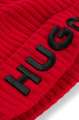 Wool beanie hat with logo detail, Red