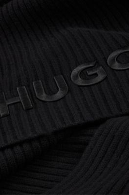 Bufanda de lana virgen en canal&eacute; con logo bordado, Negro