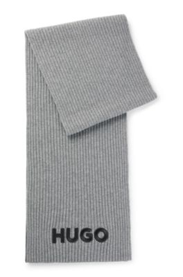 Hugo Boss Ribbed Scarf In Wool With Embroidered Logo In Grey