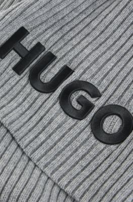 Ribbed scarf in wool with embroidered logo, Grey