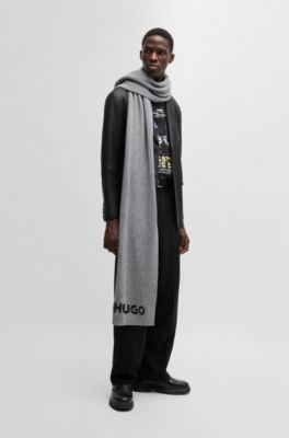 Ribbed scarf in wool with embroidered logo, Grey