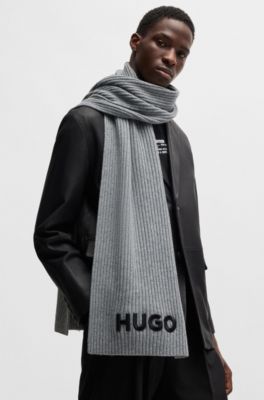 Ribbed scarf in wool with embroidered logo, Grey