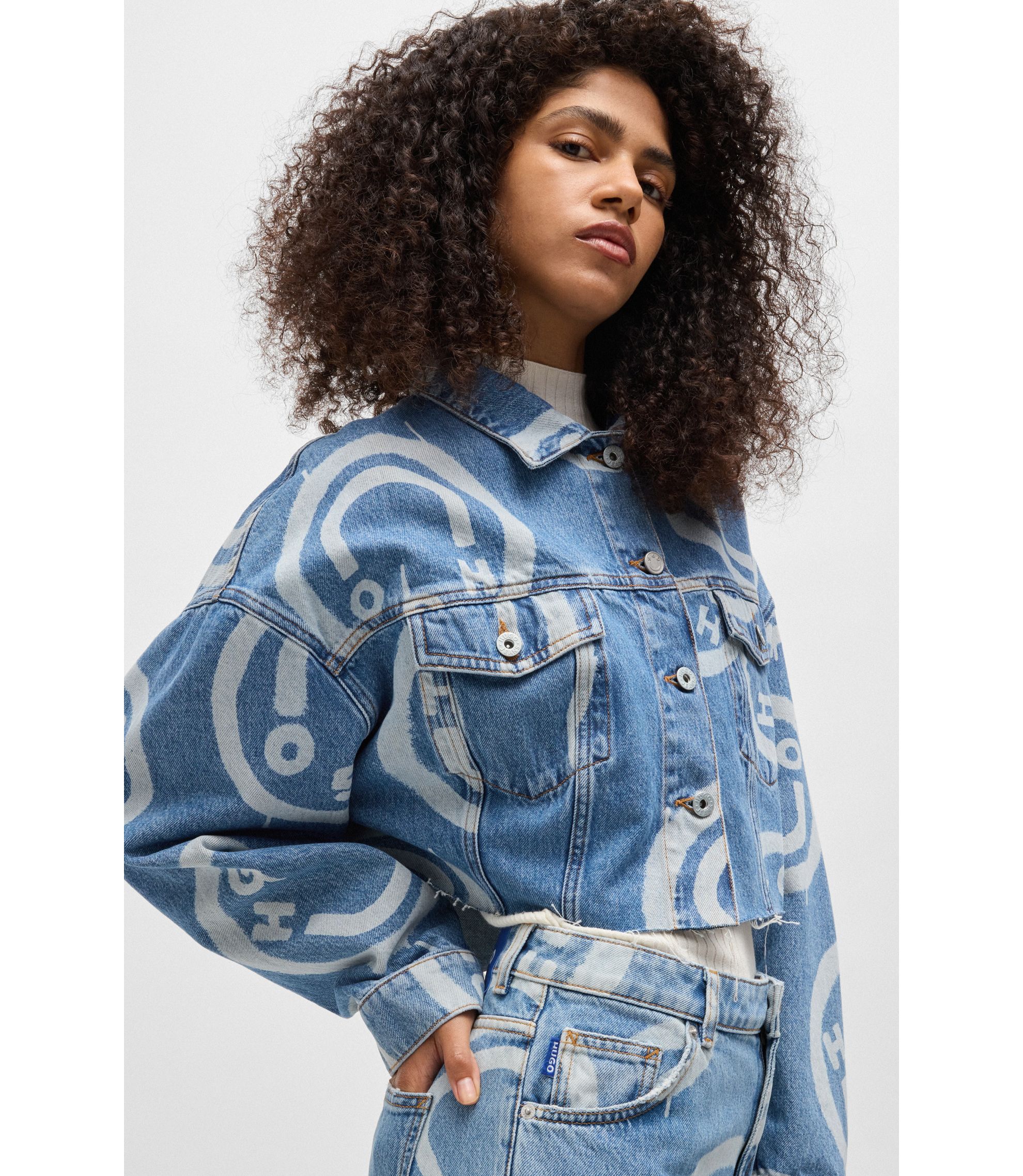 HUGO - Cropped denim jacket with Happy HUGO print - Patterned