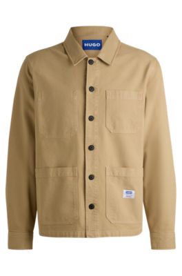 Cotton-canvas shirt with pocket logo patch, Beige