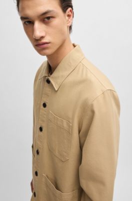 Cotton-canvas shirt with pocket logo patch, Beige