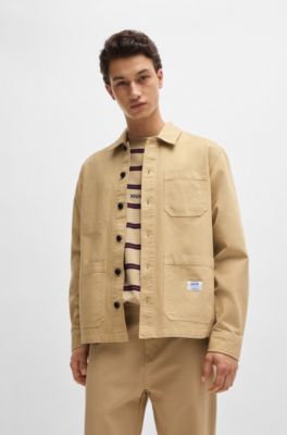 Cotton-canvas shirt with pocket logo patch, Beige