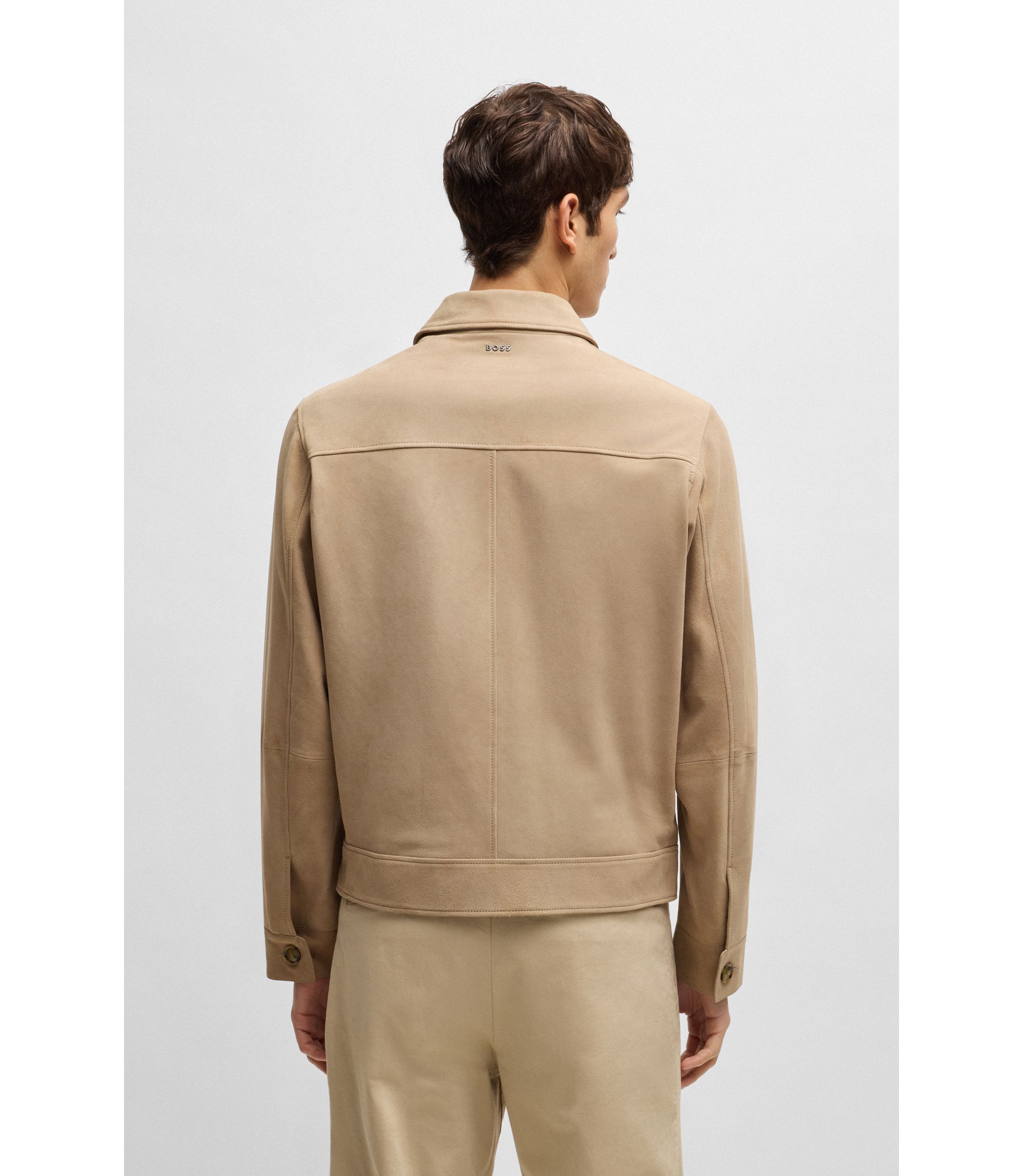 BOSS - Regular-fit jacket in soft suede with zip front - Light Beige