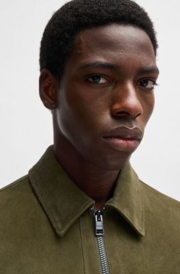 Chaqueta regular fit de ante suave con cremallera en la parte delantera, Verde oscuro