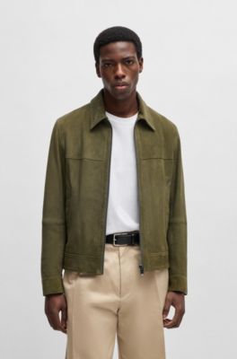 Chaqueta regular fit de ante suave con cremallera en la parte delantera, Verde oscuro