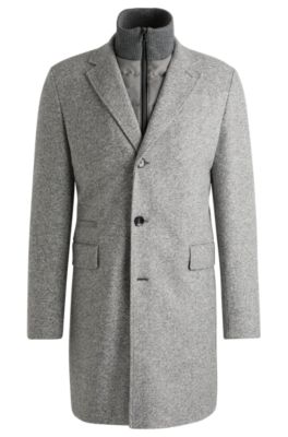 Hugo Boss Herringbone Slim-fit Coat With Detachable Zip-up Inner In Grey