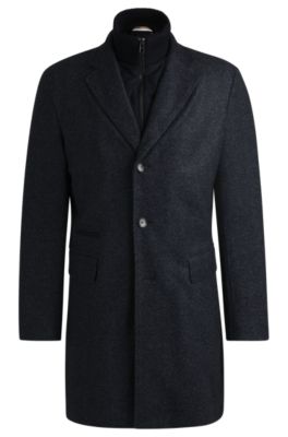 BOSS Herringbone slim fit coat with detachable zip up inner Dark Blue